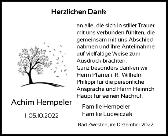 Todesanzeige von Achim Hempeler von HNA