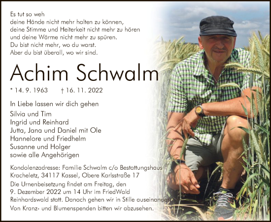 Todesanzeige von Achim Schwalm von HNA