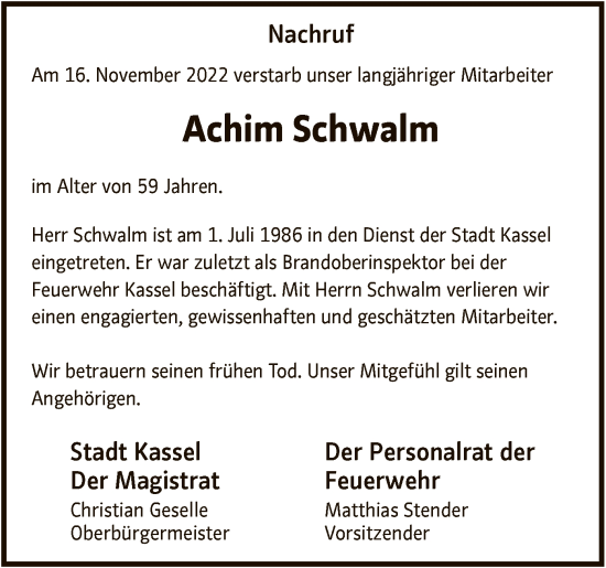 Todesanzeige von Achim Schwalm von HNA