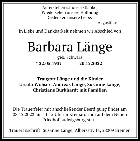 Todesanzeige von Barbara Länge von HNA