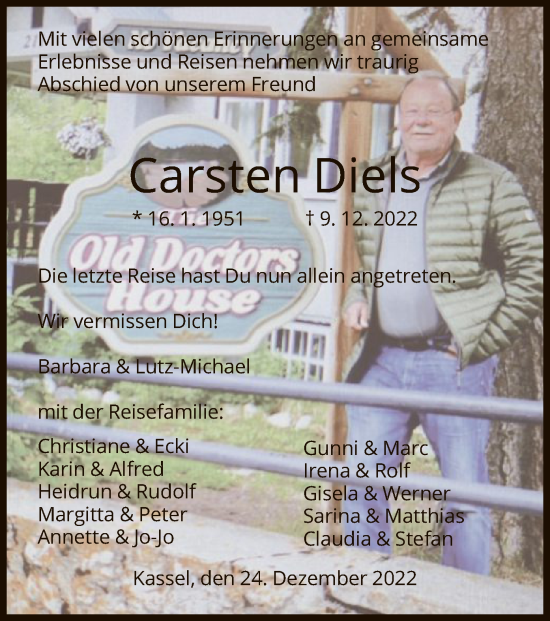Todesanzeige von Carsten Diels von HNA