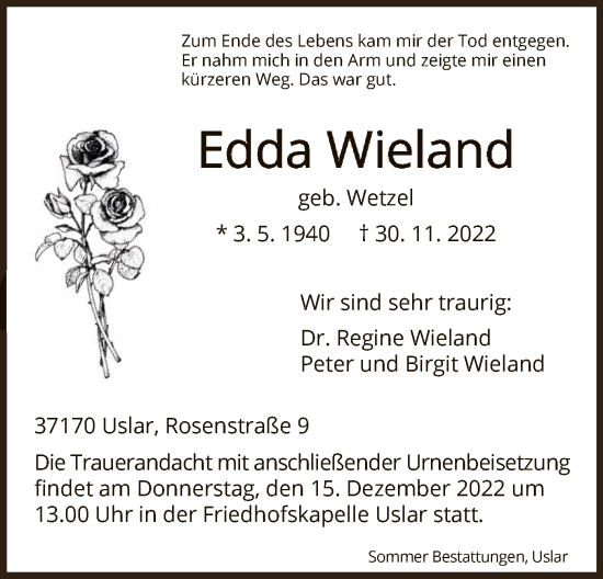 Todesanzeige von Edda Wieland von HNA