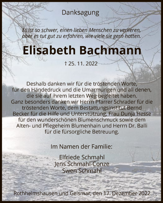 Todesanzeige von Elisabeth Bachmann von HNA