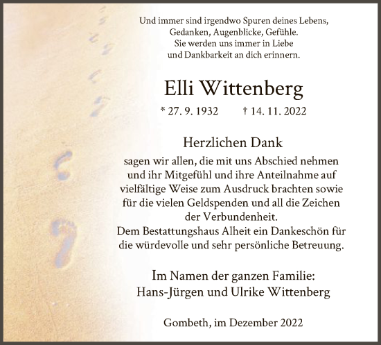 Todesanzeige von Elli Wittenberg von HNA