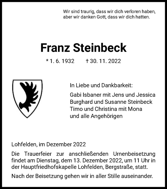 Todesanzeige von Franz Steinbeck von HNA