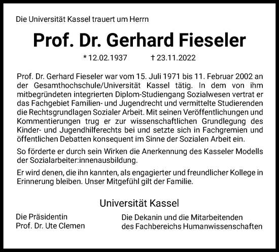 Todesanzeige von Gerhard Fieseler von HNA