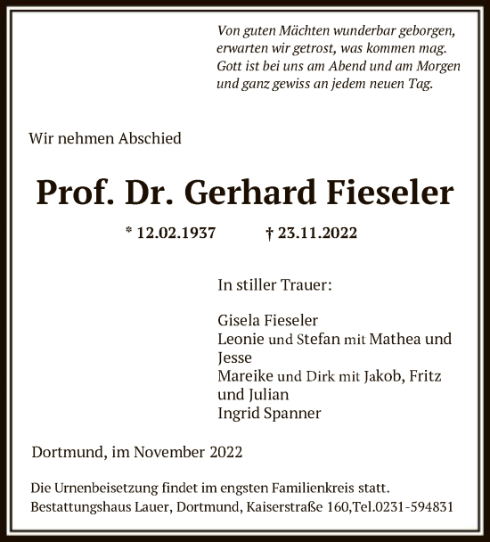 Todesanzeige von Gerhard Fieseler von HNA
