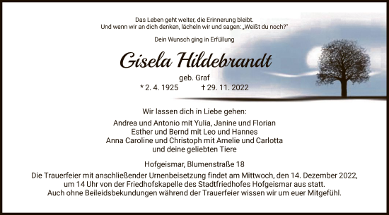 Todesanzeige von Gisela Hildebarandt von HNA