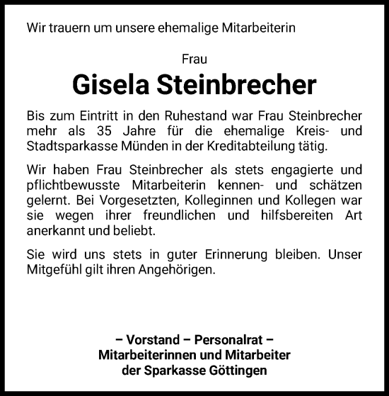 Todesanzeige von Gisela Steinbrecher von HNA