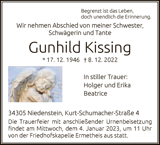 Todesanzeige von Gunhild Kissing von HNA
