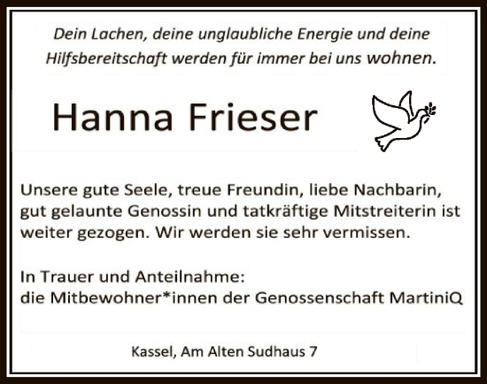 Todesanzeige von Hanna Frieser von HNA