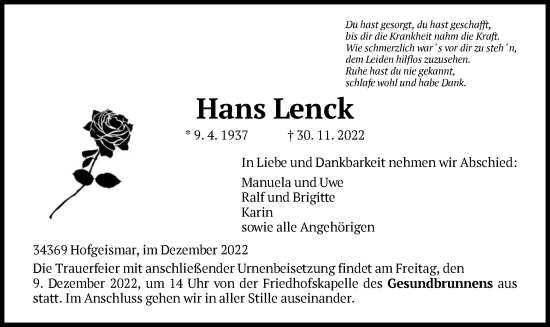 Todesanzeige von Hans Lenck von HNA