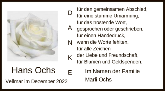 Todesanzeige von Hans Ochs von HNA