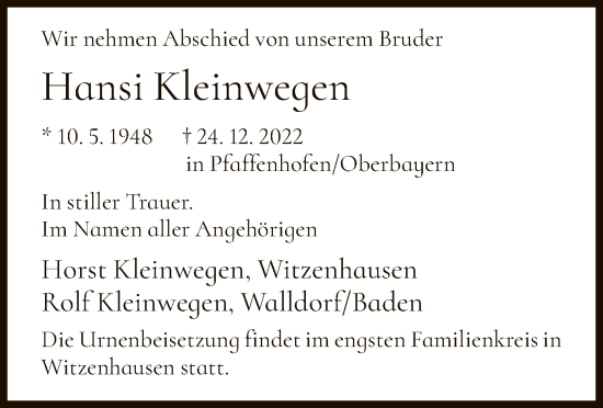 Todesanzeige von Hansi Kleinwegen von HNA