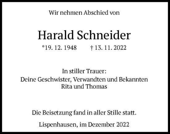 Todesanzeige von Harald Schneider von HNA