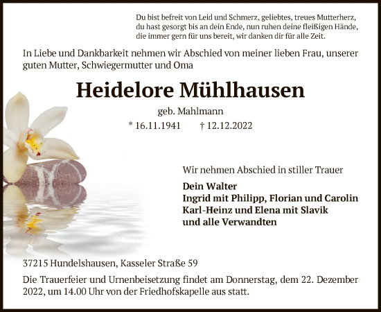 Todesanzeige von Heidelore Mühlhausen von HNA