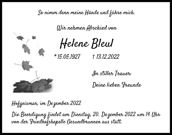 Todesanzeige von Helene Bleul von HNA