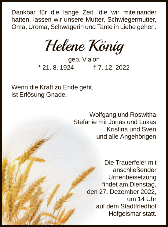 Todesanzeige von Helene König von HNA