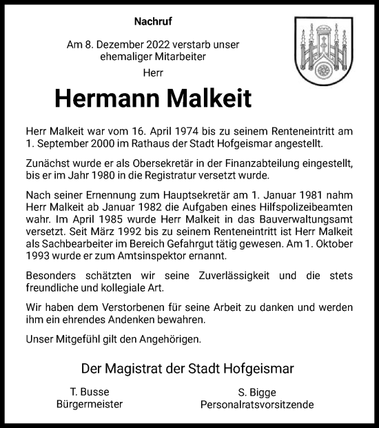 Todesanzeige von Hermann Malkeit von HNA