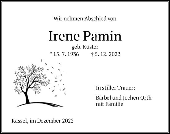 Todesanzeige von Irene Pamin von HNA