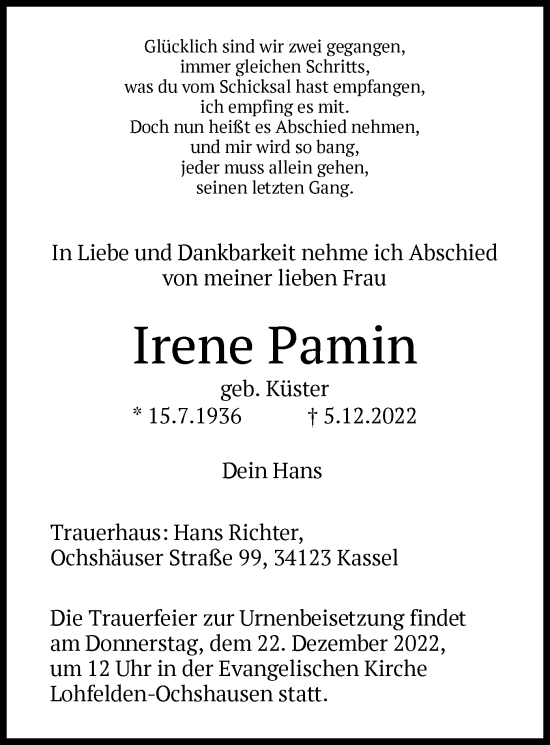 Todesanzeige von Irene Pamin von HNA