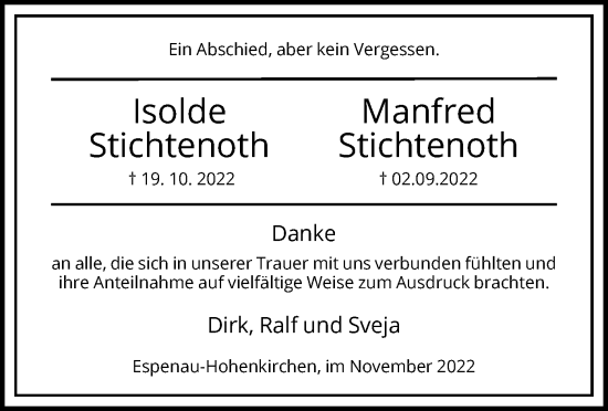 Todesanzeige von Isolde und Manfred Stichtenoth von HNA