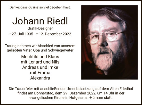 Todesanzeige von Johann Riedl von HNA