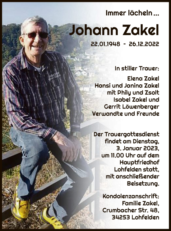 Todesanzeige von Johann Zakel von HNA