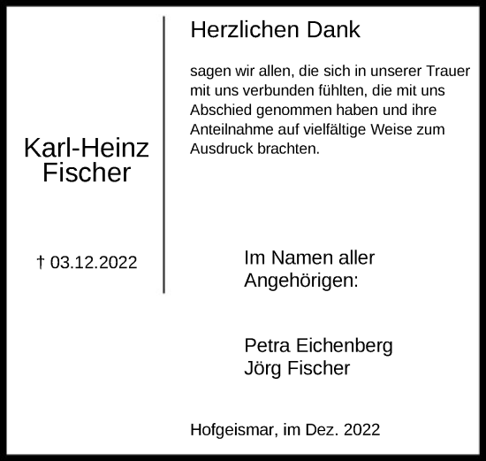Todesanzeige von Karl-Heinz Fischer von HNA