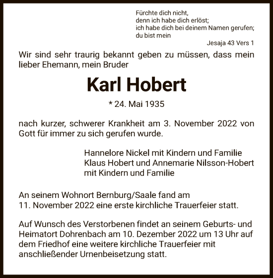Todesanzeige von Karl Hobert von HNA