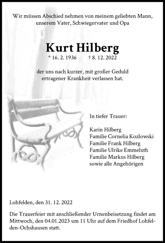 Todesanzeige von Kurt Hilberg von HNA