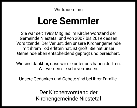 Todesanzeige von Lore Semmler von HNA