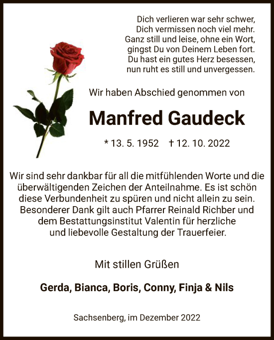 Todesanzeige von Manfred Gaudeck von HNA