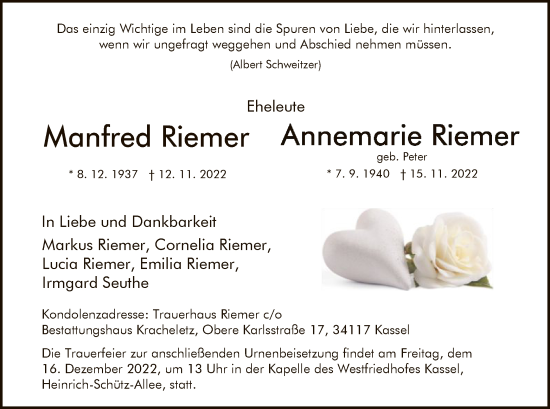 Todesanzeige von Manfred und Annemarie Riemer von HNA