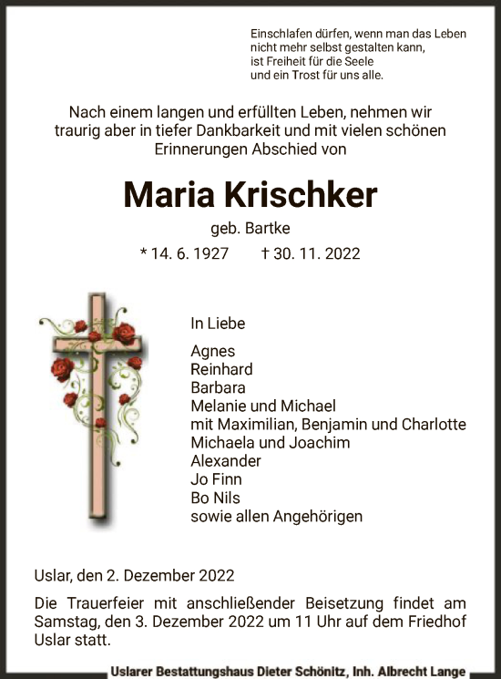 Todesanzeige von Maria Krischker von HNA