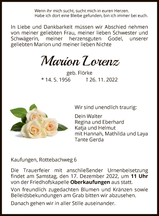 Todesanzeige von Marion Lorenz von HNA