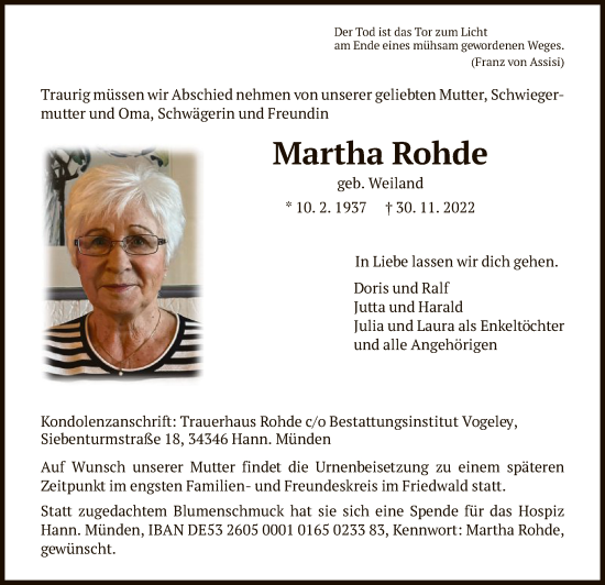 Todesanzeige von Martha Rohde von HNA