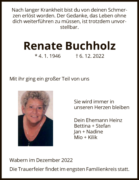 Todesanzeige von Renate Buchholz von HNA