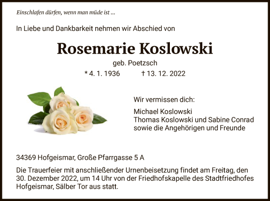 Todesanzeige von Rosemarie Koslowski von HNA