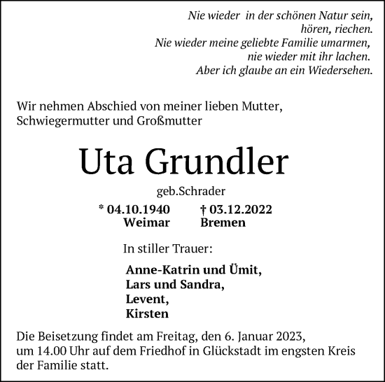 Todesanzeige von Uta Grundler von HNA