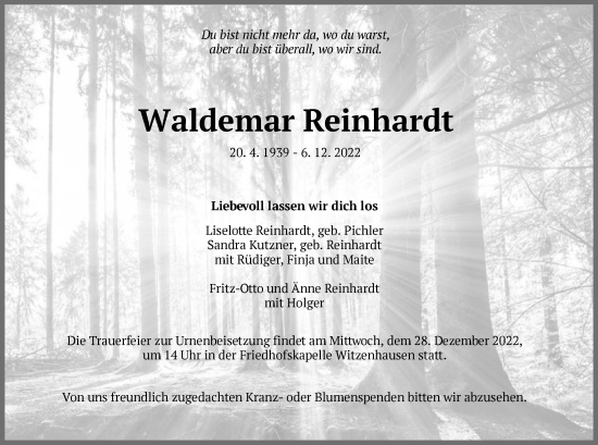 Todesanzeige von Waldemar Reinhardt von HNA