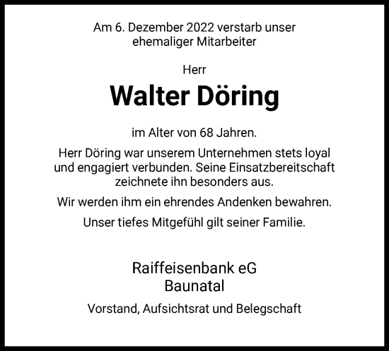 Todesanzeige von Walter Döring von HNA