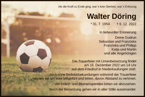 Todesanzeige von Walter Döring von HNA