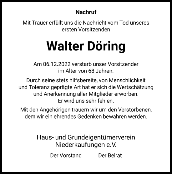 Todesanzeige von Walter Döring von HNA
