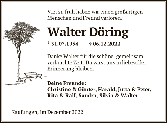 Todesanzeige von Walter Döring von HNA