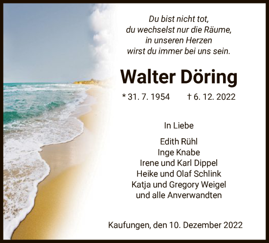 Todesanzeige von Walter Döring von HNA
