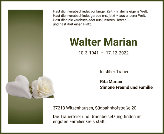 Todesanzeige von Walter Marian von HNA