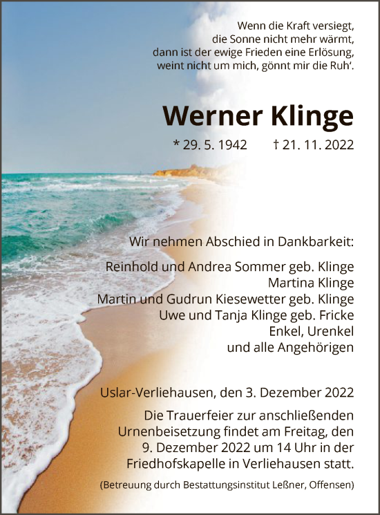 Todesanzeige von Werner Klinge von HNA