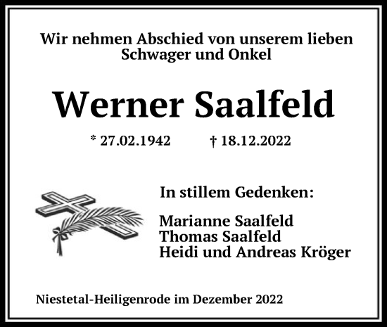 Todesanzeige von Werner Saalfeld von HNA