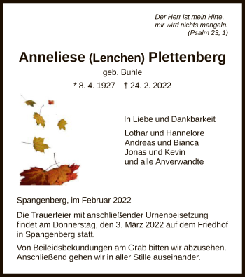 Todesanzeige von Anneliese Plettenberg von HNA